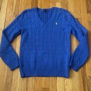 Ralph Lauren Cable Knit V Neck Sweater Size XL 100% Cotton Periwinkle Blue EUC